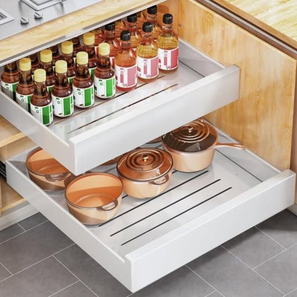 21'' D WHITE METAL PULL OUT CABINET PANTRY ORGANIZER SHELF FULL EXTENSION
